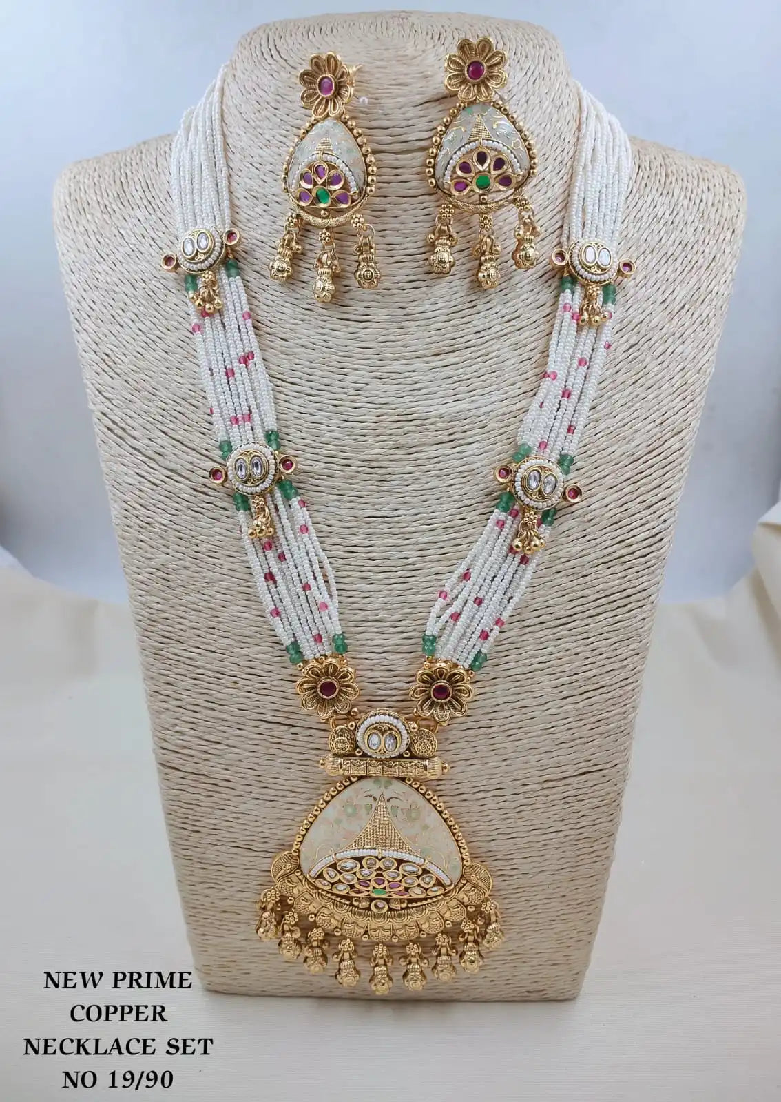 Premium Matt Gold Kundan Long Necklace Set with Earrings Traditional Temple Jewelry Pearl Beaded Pendant Necklace Indian Bridal