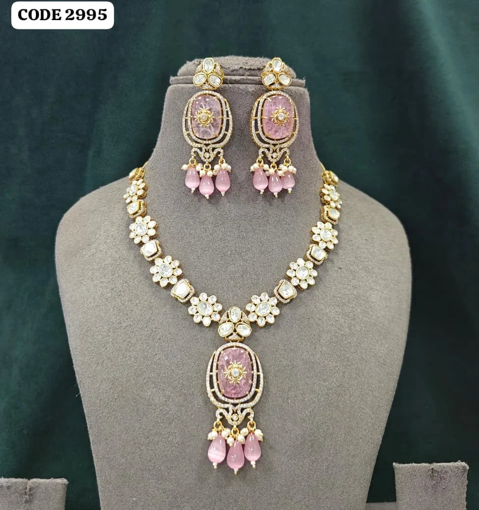 Luxury Purple Kundan Floral Pendant Necklace Set with American Diamond Gold Plated Bridal Wedding Party Wear Jewelry for Women