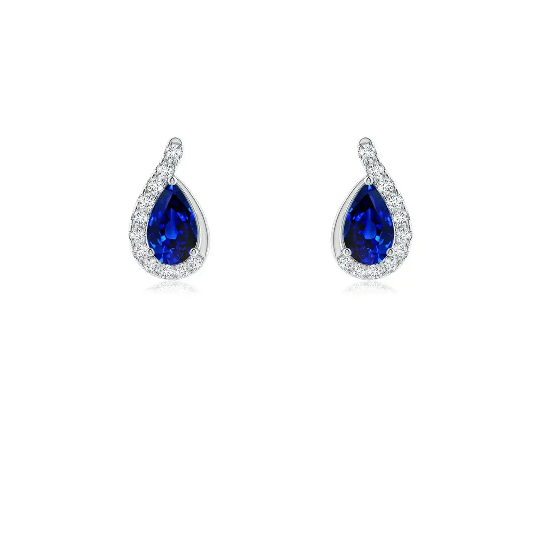 Blue Sapphire and Diamond Earring 14k Solid Gold Pear Cut Studs Earrings Fine Jewelry Gift for Women Anniversary Earrings