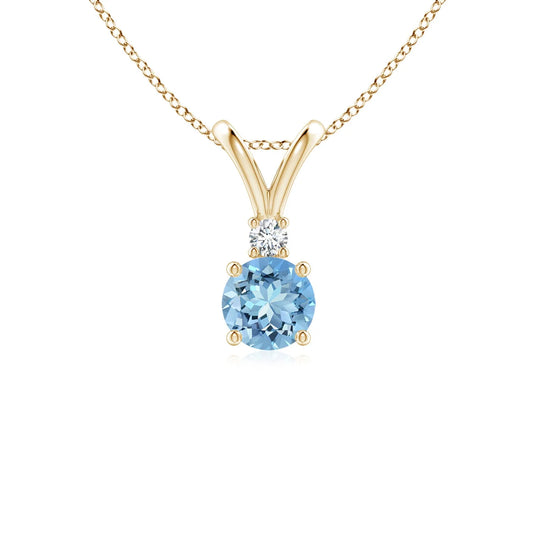 14K Real Gold IGI Certificate Round Aquamarine & Diamond Solitaire V-Bale Pendant 2026 Fashionable Link Chain Necklace For Women