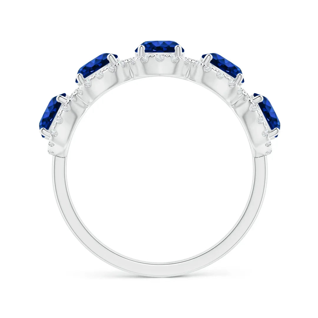 2026 New Arrival 14K Solid Gold Five-Stone Natural Blue Sapphire & Diamond Half Eternity Halo Ring Top Quality Wedding Ring RTS