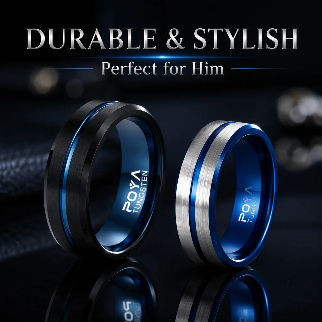 Custom High End 8mm Black Blue Brushed Mens Womens Tungsten Carbide Ring Fashion Band for Wedding Anniversary