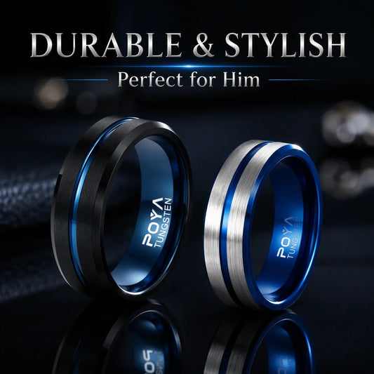 REBEL Custom High End 8mm Black Blue Brushed Mens Womens Tungsten Carbide Ring Fashion Band for Wedding Anniversary
