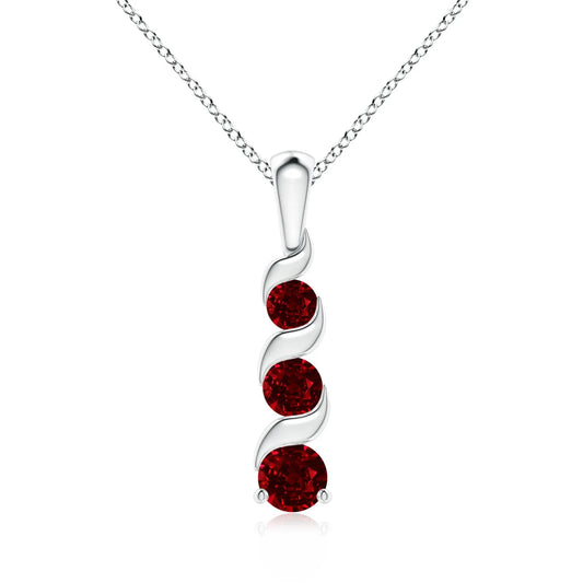 14K Solid Gold Channel-Set Round Cut Ruby Three Gemstone Journey Pendant Link Chain Necklace Party Wear Unique Spiral Pendant