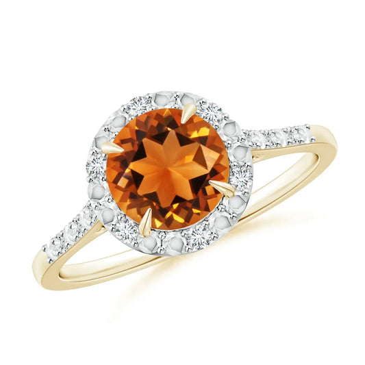 14K Solid Gold Round Citrine Ring with Diamond Halo Ring Handmade Customized Fine Jewelry Wedding Engagement & Party Wear