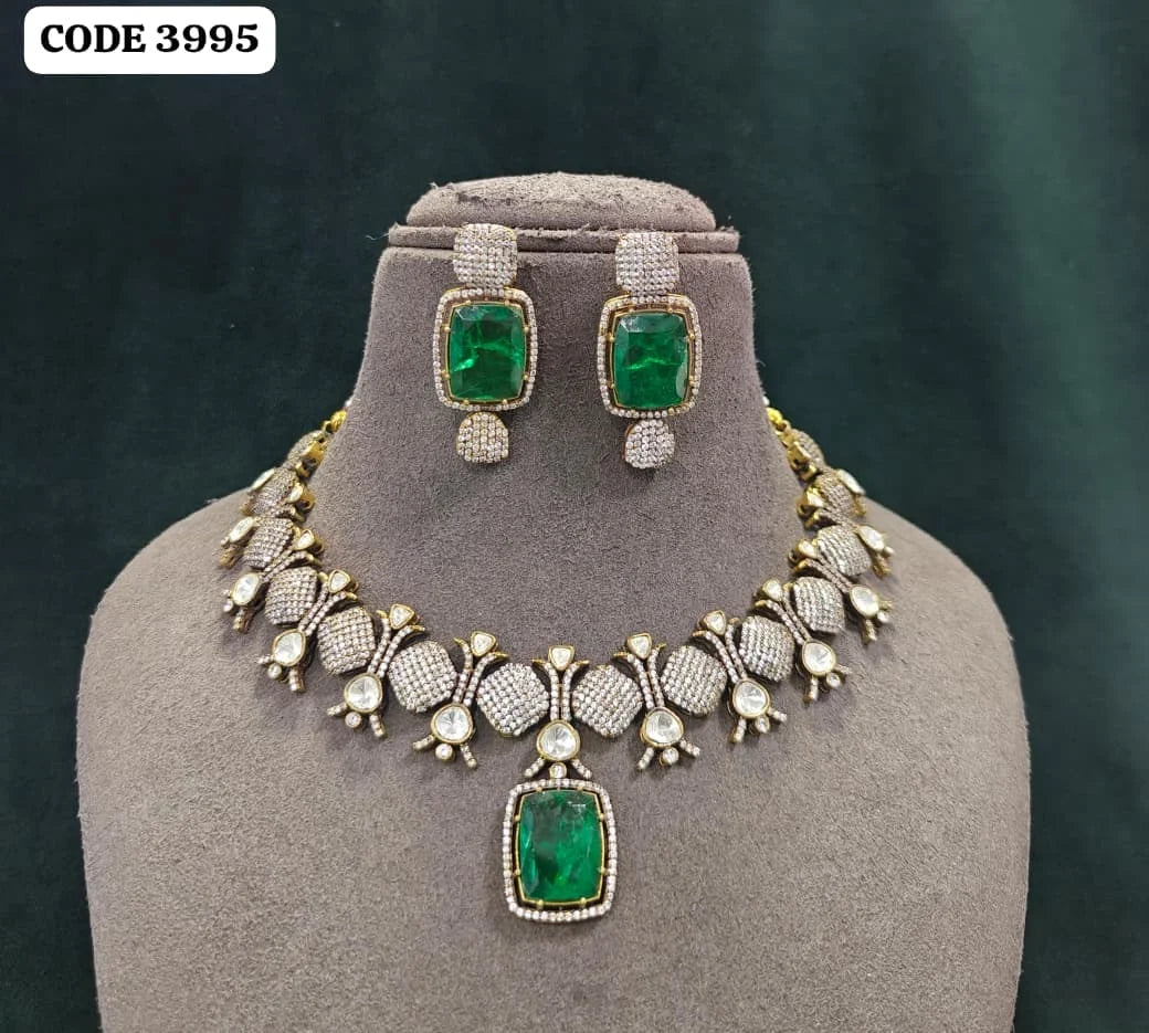 Antique Gold Plated Emerald Green Statement Necklace Set with Matching Earrings Wedding Bridal Party Jewelry Set