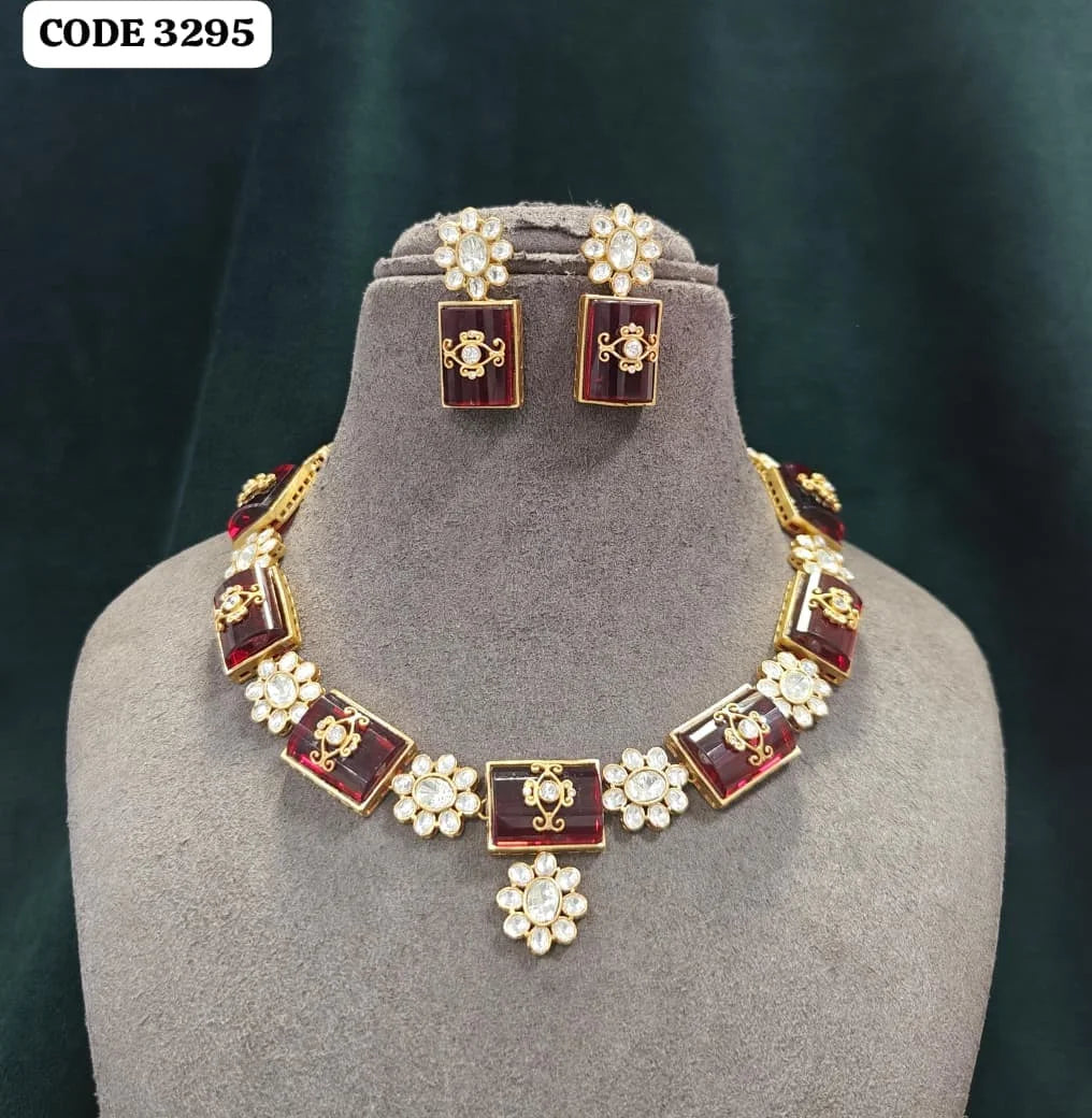Elegant Designer Ruby Stone Polki Necklace Set Gold Plated Bridal Wedding Party Wear Ethnic Jewelry Set for Women Wholesale IND