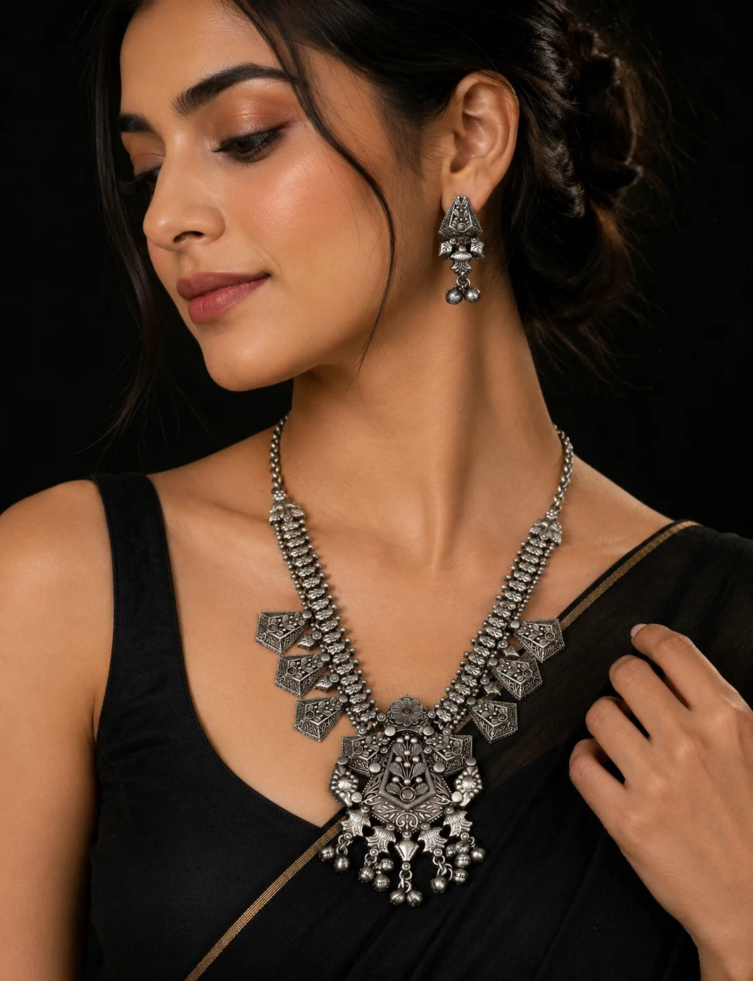 Gold Plated Oxidized Antique Silver Zircon Bezel Setting Necklace Earring Set Handmade Indian Bohemia Flower Engagement Party