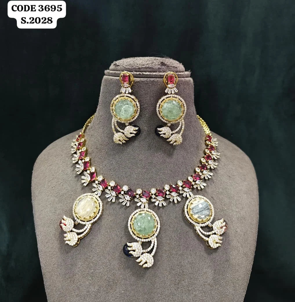 Elegant Sapphire Blue & Multi-Color Gemstone AD Accented Necklace Set Sapphire Blue Navette & Multi-Color Cabochon Stones