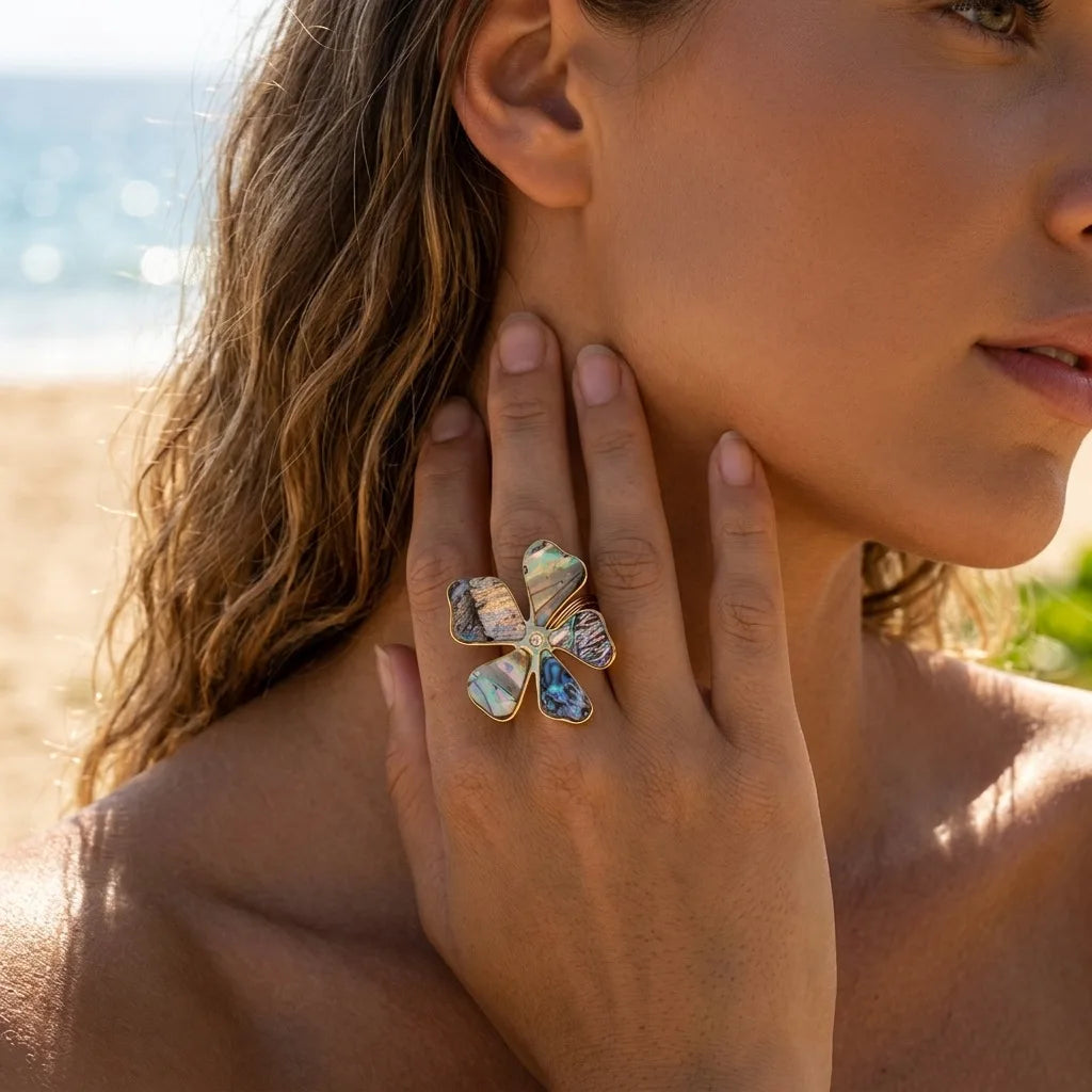 REDheart Stainless Steel Gold Plated Abalone Shell Flower Necklace Accessory Set for Women Versatile Bracelet Earrings Ring Jewelry Gifts