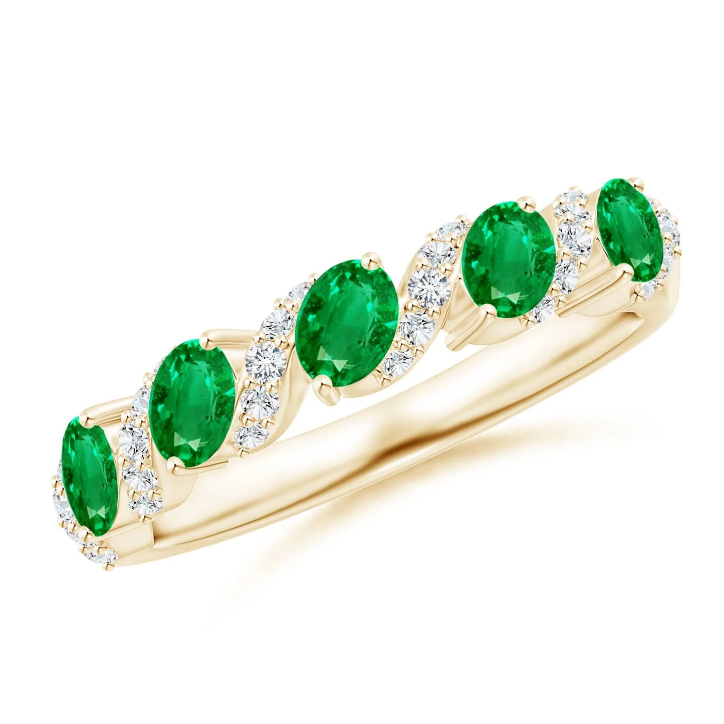 14K Solid Gold Oval Cut Five Stone Natural Green Emerald Swirl Ring with Diamonds High Quality Fine Jewelry Half Eternity Ring