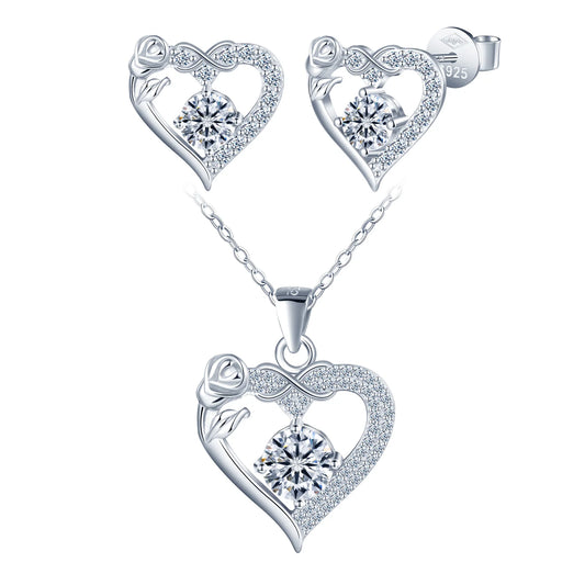 Jewelry Set Rose Edge Moissanite Stud Earrings 925 Sterling Silver Heart Shape Pendant Necklace