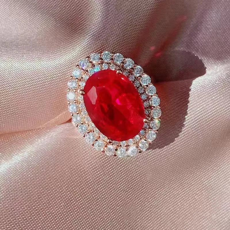 Gemfiori Luxury Oval Cut Ruby Jewelry Set Double Halo CZ Pendant Necklace Ring Stud Earrings Vintage Royal Red Gemstone Weddings Jewelry