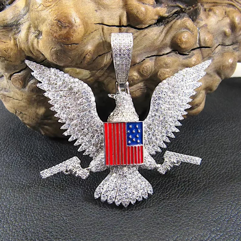 BiG-BOSS Eagle Pendant with American Flag 925 Silver Moissanite Micro Pave Themed Charm Men's Hip Hop Luxury Everyday Wear Party