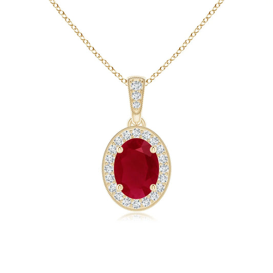 14K Gold Vintage Style IGI Certified 7*5MM Oval 0.66 Ctw Red Ruby Pendant With 0.12 Ctw Diamond Halo Luxury Party Wear Pendant