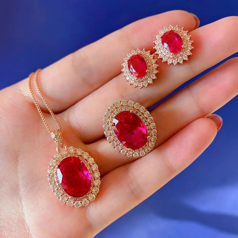 Gemfiori Luxury Brass Gold Plated Bridal Jewelry Wedding Vintage Full Zircon Oval Red Lab Diamond Necklace Drop Earrings Ring Jewelry Set