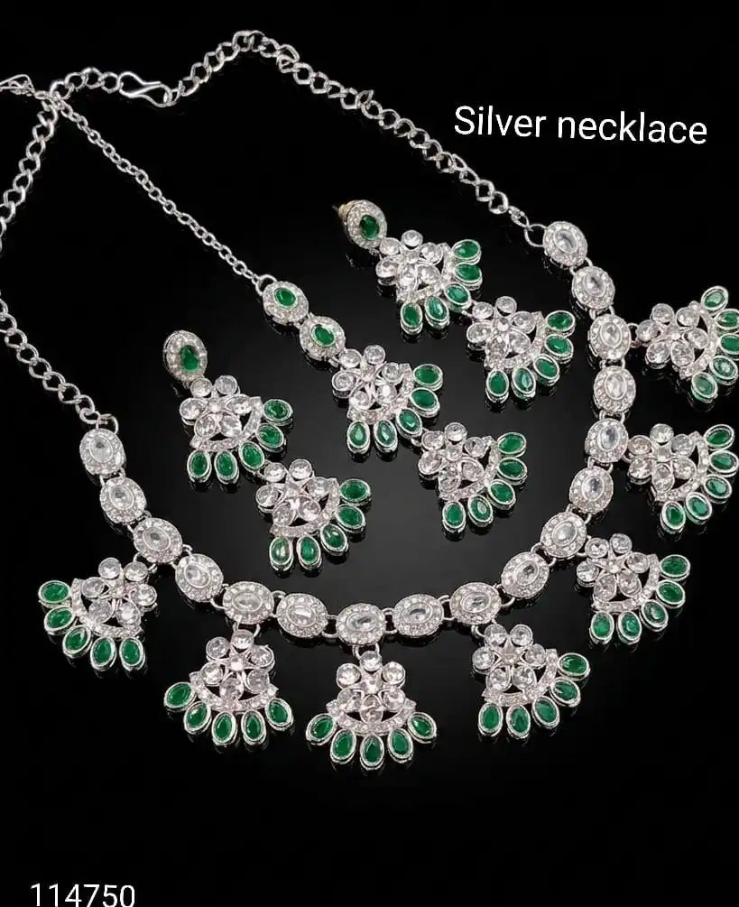 Luxury Silver Plated Pastel CZ Floral Necklace Set with Earrings & Women Bridal Wedding Party Wear Fashion Jewelry Set For Women