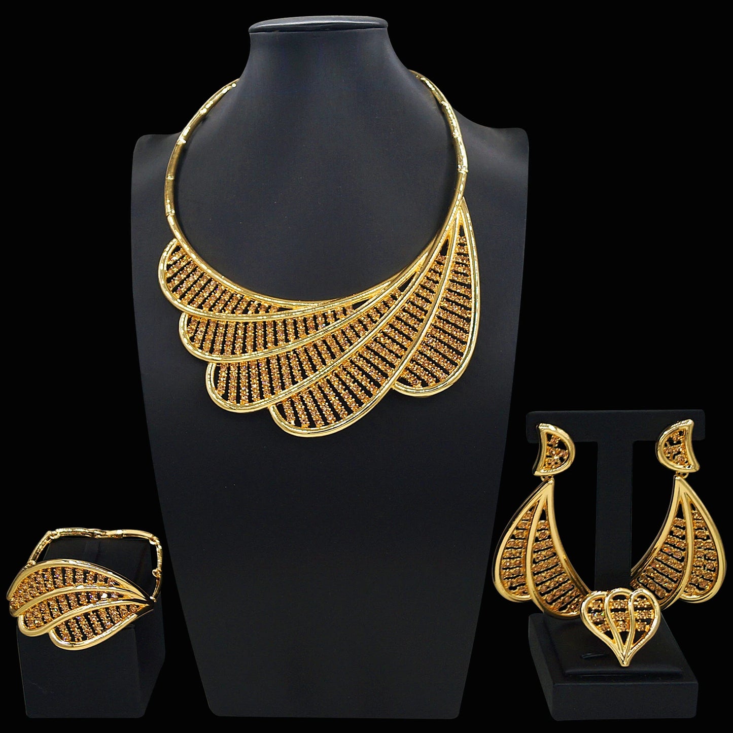 Zhuerrui Gold Plated Fan Shaped Necklace Earrings Bangle Ring Italian Jewelry Set for Women Party Wedding Accessory I006520