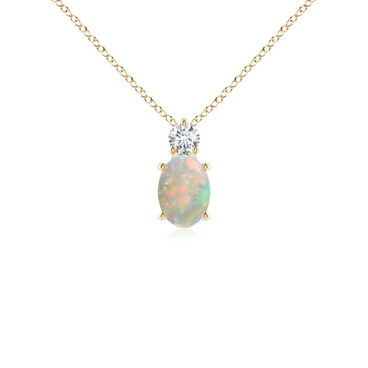 2026 Top Selling IGI Certified 14K Solid Gold Oval Cut Opal Solitaire Pendant with Diamond Two Stone Everyday Wear Necklace ODM