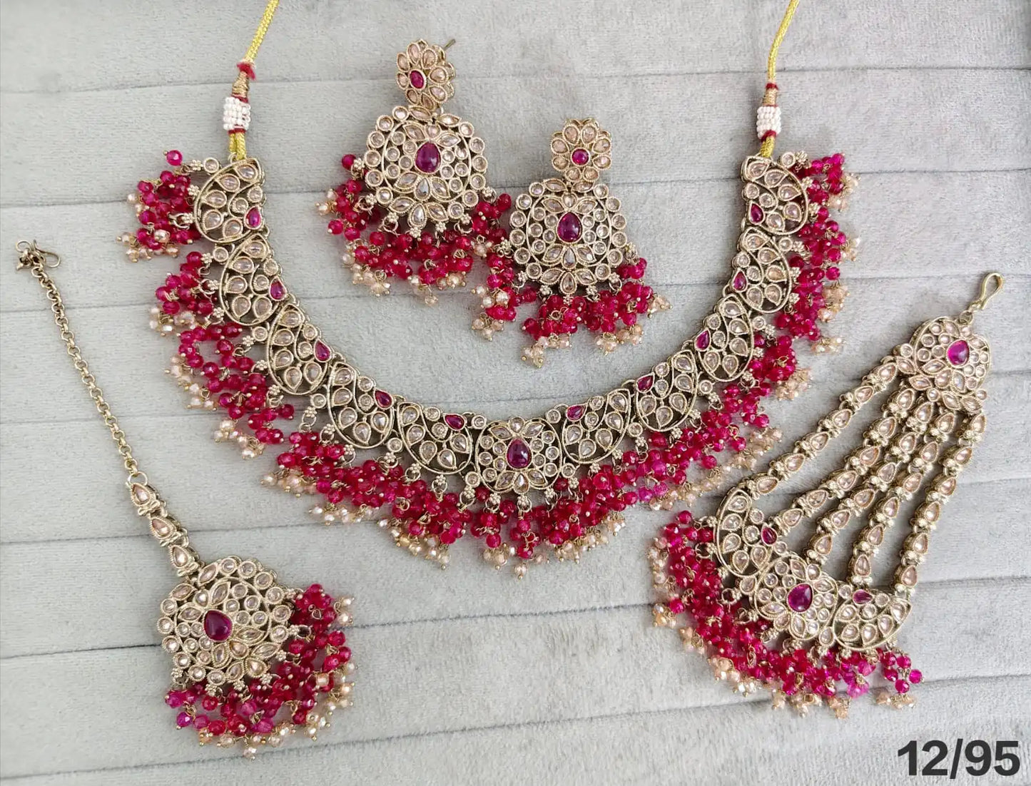 Luxury Gold Plated Black Kundan Bridal Necklace Set with Zircon Crystal Beads Earrings Maang Tikka & Hathphool Wedding Jewelry