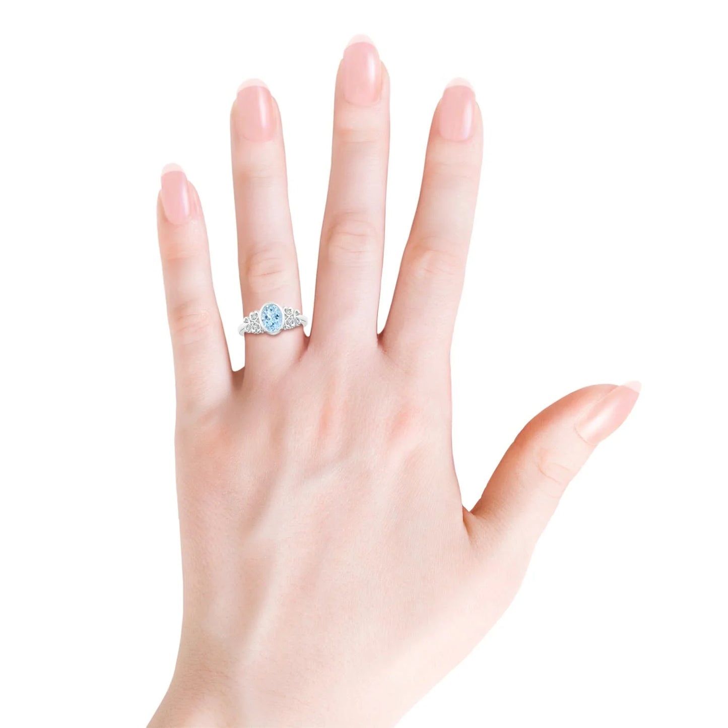 14K Gold Customizable Natural Oval Aquamarine & Diamond Heart-Shape Band Engagement Ring Delicate Cluster Classic Vintage Ring