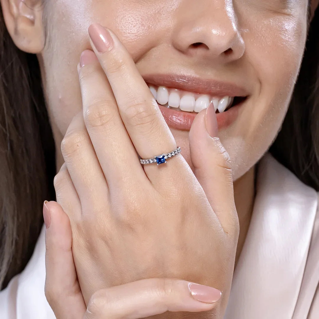 14K Solid Gold Solitaire Square Sapphire Ring with Diamond Accents Handmade Customized Fine Jewelry Wedding Engagement Ring