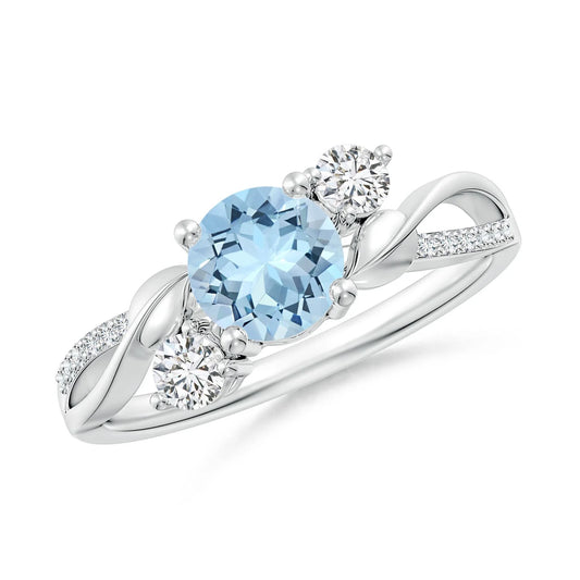 14K Solid Gold Natural Round Cut Solitaire Aquamarine With Diamond Twisted Shank Ring Fine Jewelry Fashion Engagement Band Ring