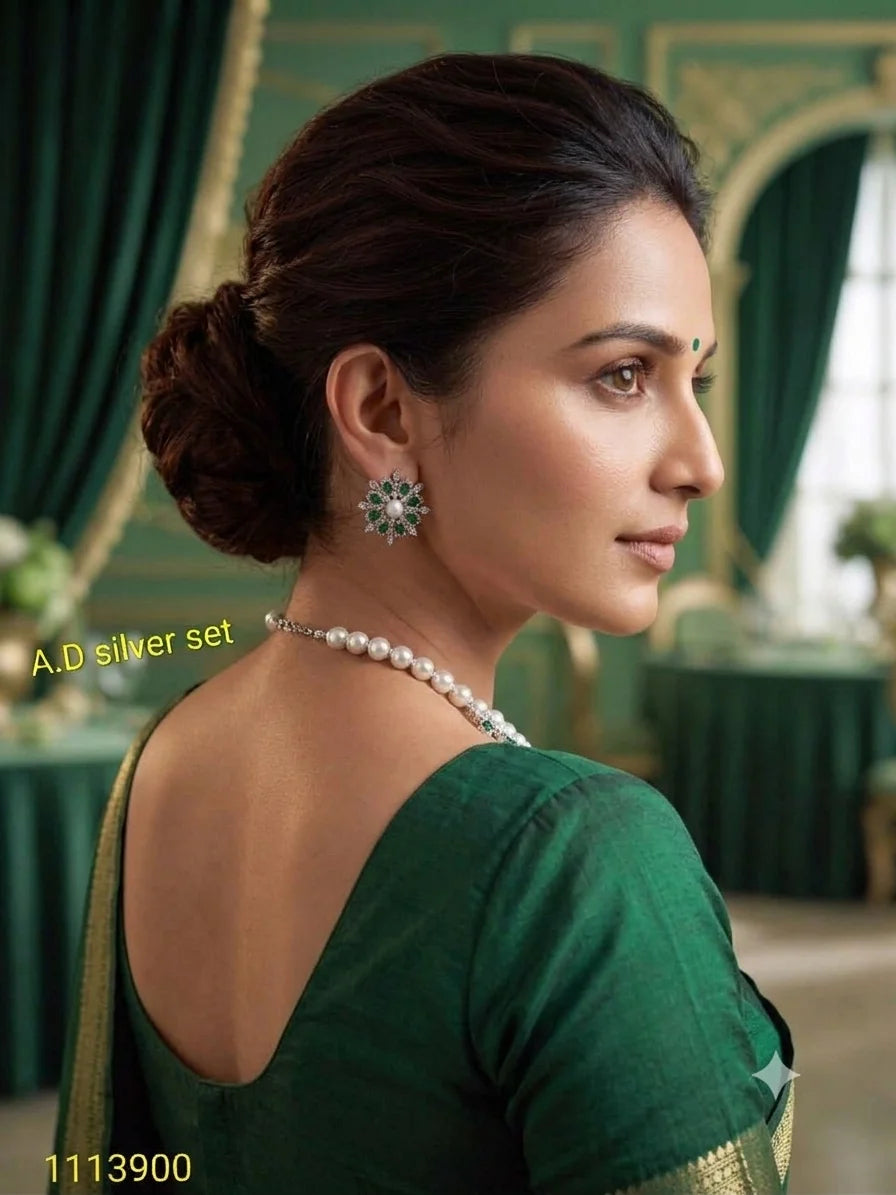 Luxury Silver Plated American Diamond Pearl Emerald Green Stone Necklace Set for Women Wedding Party Wear Jewelry Gift