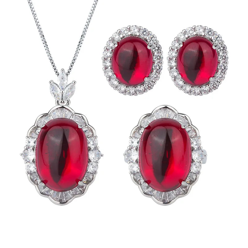Gemfiori Luxury Pigeon Blood Ruby Jewelry Set Cabochon Cut Red Gem Halo Pendant Necklaces Earring Rings Timeless Classic Elegant Wedding