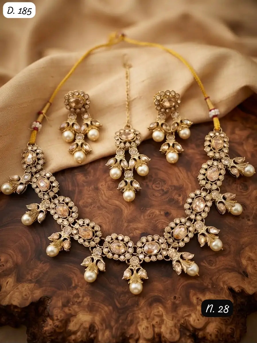 Premium Navratna Pearl Heritage Choker Necklace Set with Matching Earrings and Maang Tikka Traditional Bridal Jewelry