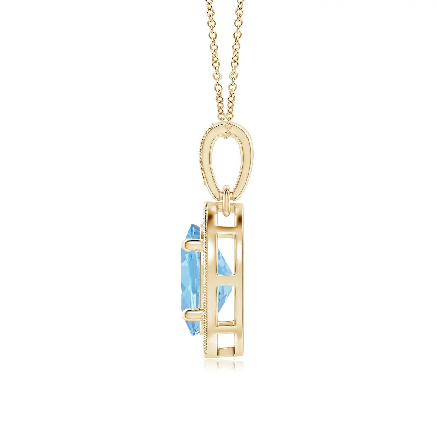 14K Gold Vintage Style IGI Certified 7*5MM Oval 0.66 Ctw Aquamarine Pendant With 0.12 Ctw Diamond Halo Luxury Party Wear Pendant