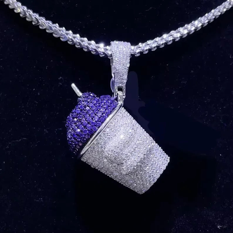 BiG-BOSS Iced Out Purple Cup Pendant Necklace for Men Hip Hop Moissanite and 925 Silver