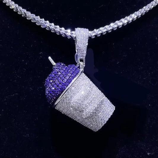 BiG-BOSS Iced Out Purple Cup Pendant Necklace for Men Hip Hop Moissanite and 925 Silver
