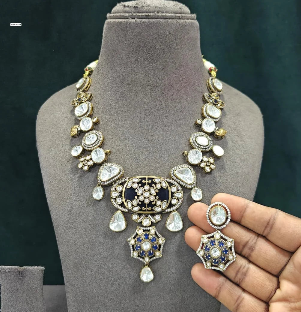 Antique Gold Plated Kundan Statement Necklace Set with Red Enamel Floral Pendant Earrings Wedding Jewelry Set For Women