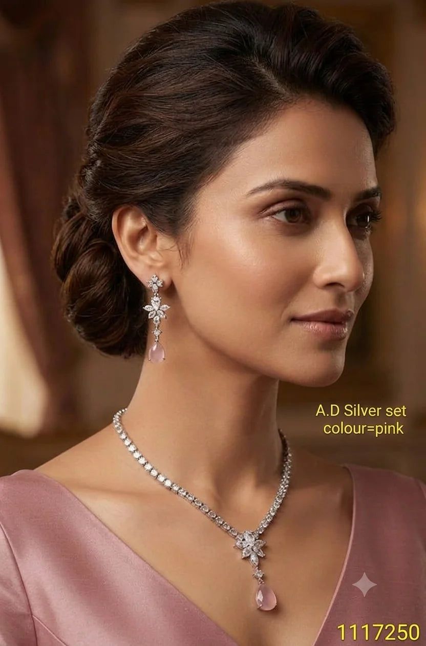 Luxury Pink Floral Drop AD Silver Necklace Set Premium Wedding Party Wear Jewelry with Matching Earrings for Women Set