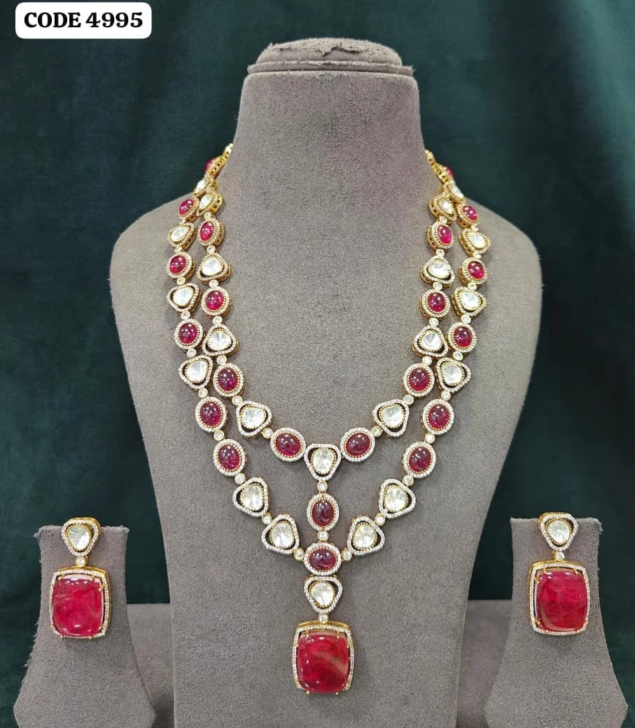 Gold Plated Ruby Pink Zircon Double Layer Necklace Set with Matching Earrings for Wedding Women's Jewelry Set For Women