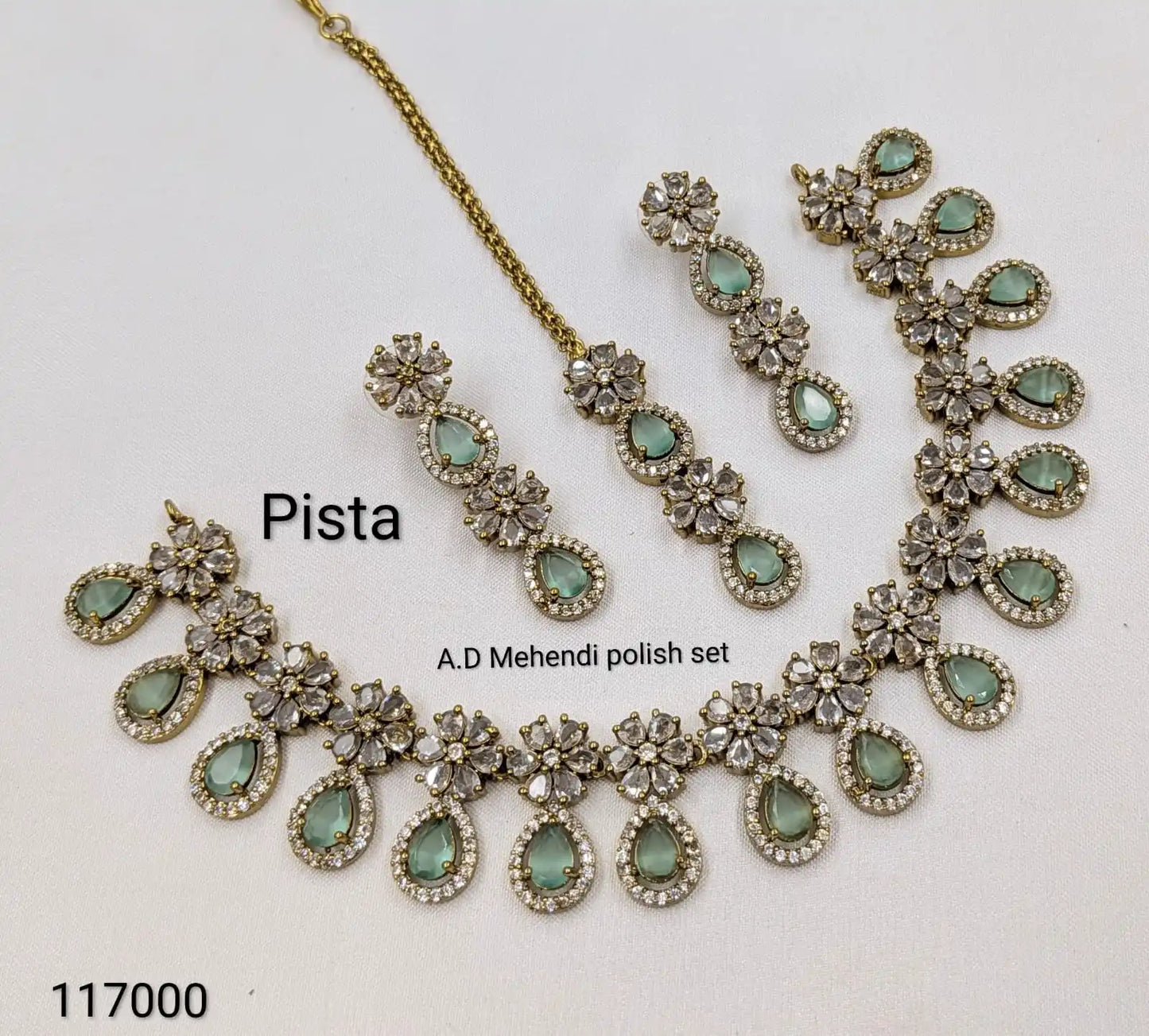 AD Green Mehendi Polish Necklace Set with Earrings and Maang Tikka, Bridal Artificial Jewellery, American Diamond Floral Design