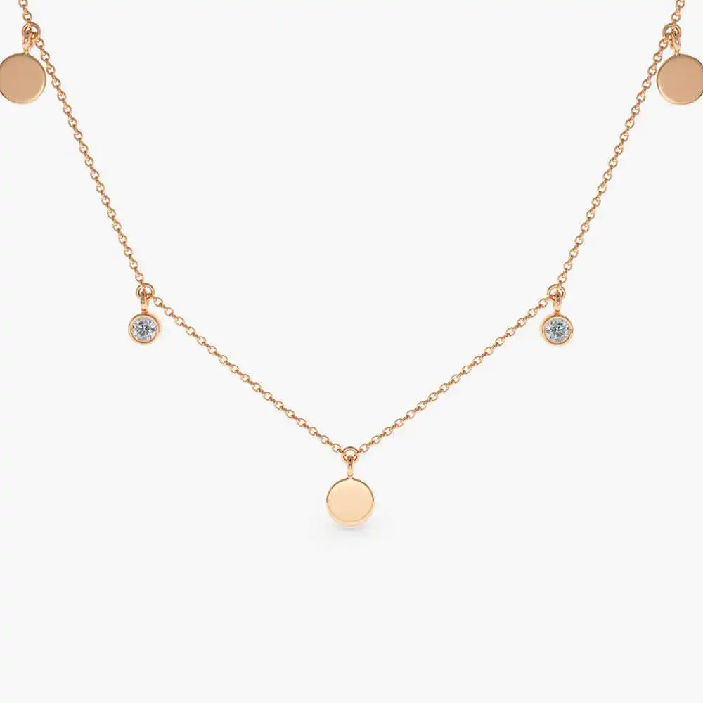 14K Solid Gold Natural Brilliant Cut 0.08Ct Diamond Dangling Dainty Disc Necklace Custom Made Bridal Wear Third Party Certified