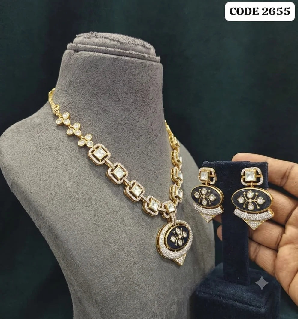 Luxury Black Enamel Pendant Necklace Set for Women Gold Plated Brass Designer Statement Party Wedding Jewelry Collection set