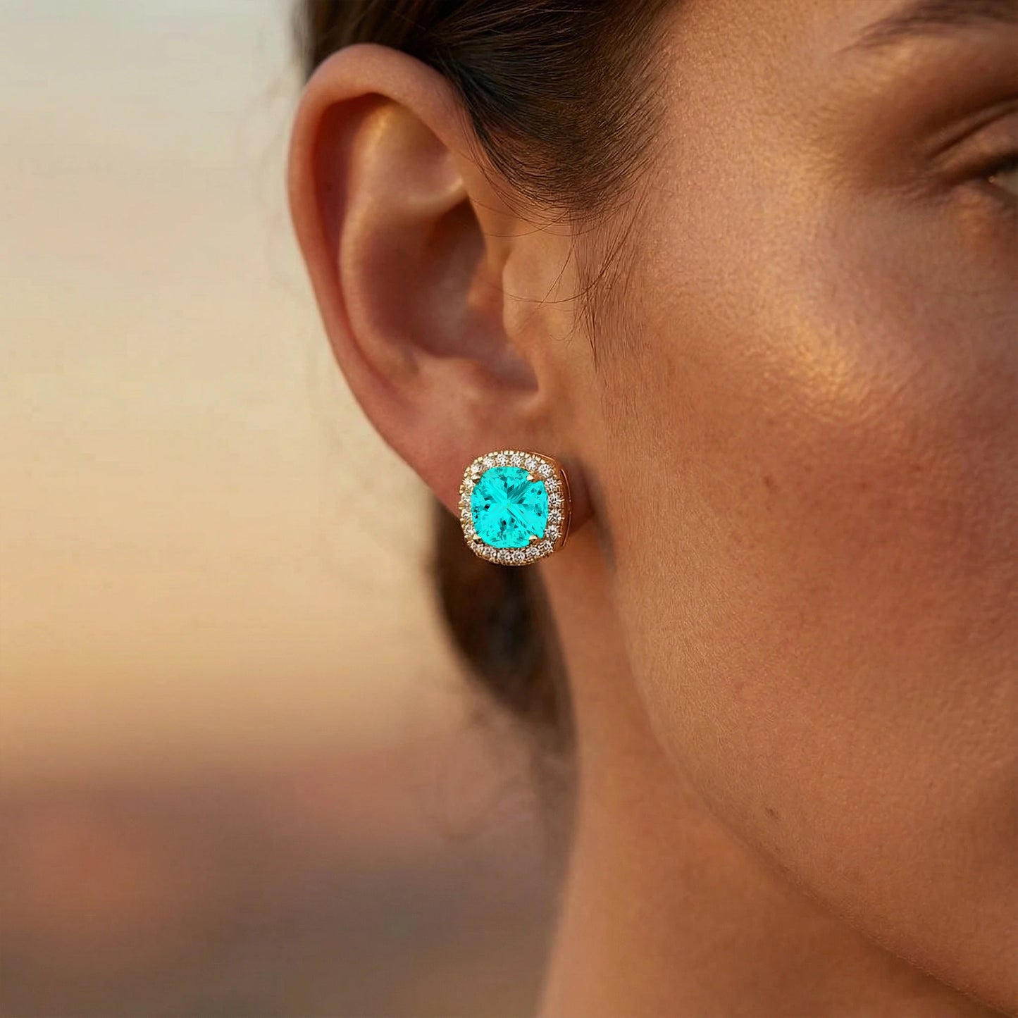 Cute Lab Paraiba Tourmaline Gemstone Solitaire Ear Studs in 18k Gold Real Diamonds Fine Bridal Gift Jewelry