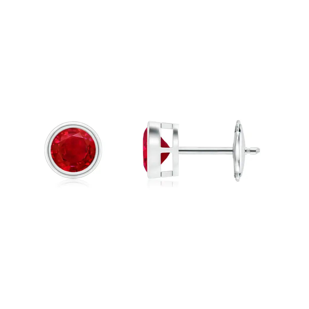 14kt Solid Gold Red Ruby Stud Earrings Bezel Set Round Cut Minimalist Fine Jewelry Gift Earrings for Women
