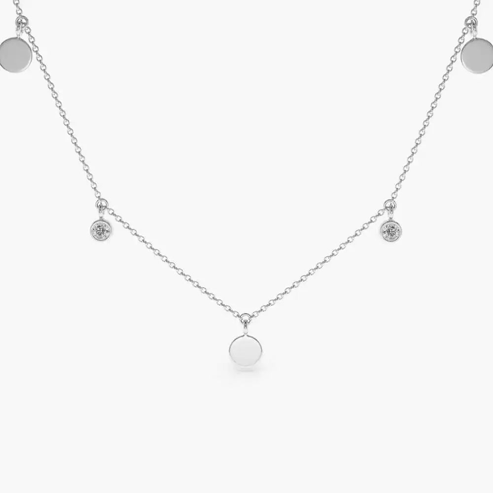 14K Solid Gold Natural Brilliant Cut 0.08Ct Diamond Dangling Dainty Disc Necklace Custom Made Bridal Wear Third Party Certified