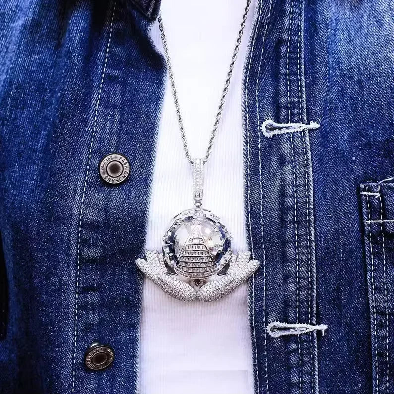 BiG-BOSS Iced Out Pyramid Wing Pendant Silver Tone Hip Hop Style Jewellery for Men and Women