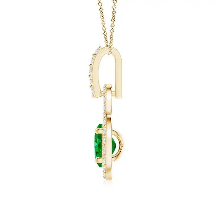 18K Pure Gold Floating Oval Cut Natural Green Emerald Pendant With Diamond Halo Sett IGI Certified Gemstone & Diamond Pendant
