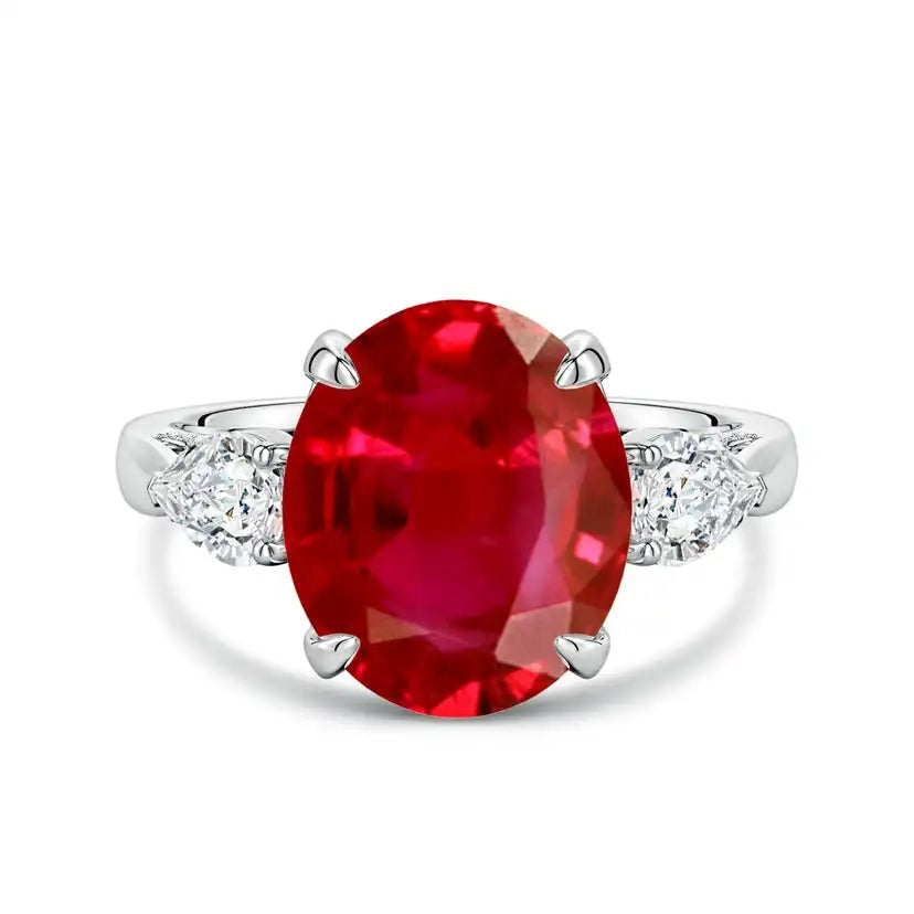 14K Solid Gold Oval Ruby and Sideways Pear Diamond Three-Stone Engagement Ring Handmade Customized Fine Jewelry Wedding