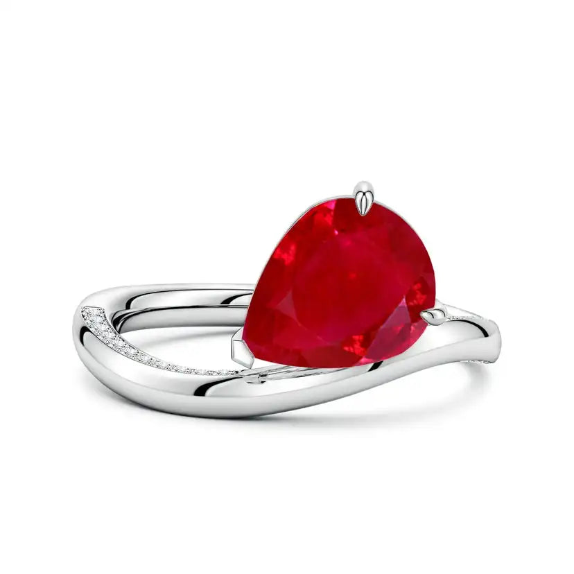 14K Solid Gold Angled Pear Ruby Curved Solitaire Engagement Ring Handmade Customized Fine Jewelry Wedding