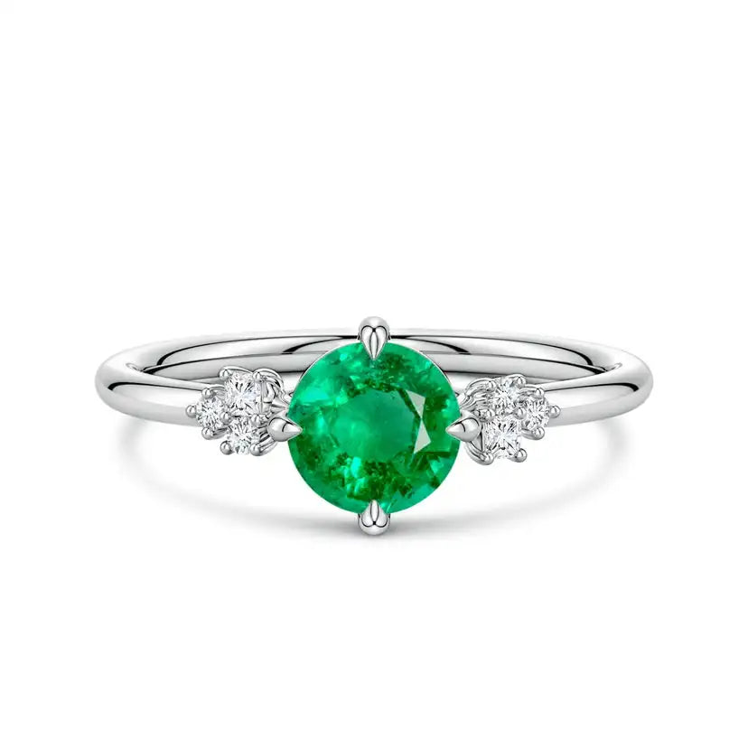 14K Solid Gold Round Emerald Engagement Ring with Mixed Cut Diamonds Handmade Customized Fine Jewelry Wedding