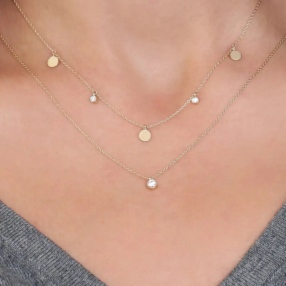 14K Solid Gold Natural Brilliant Cut 0.08Ct Diamond Dangling Dainty Disc Necklace Custom Made Bridal Wear Third Party Certified