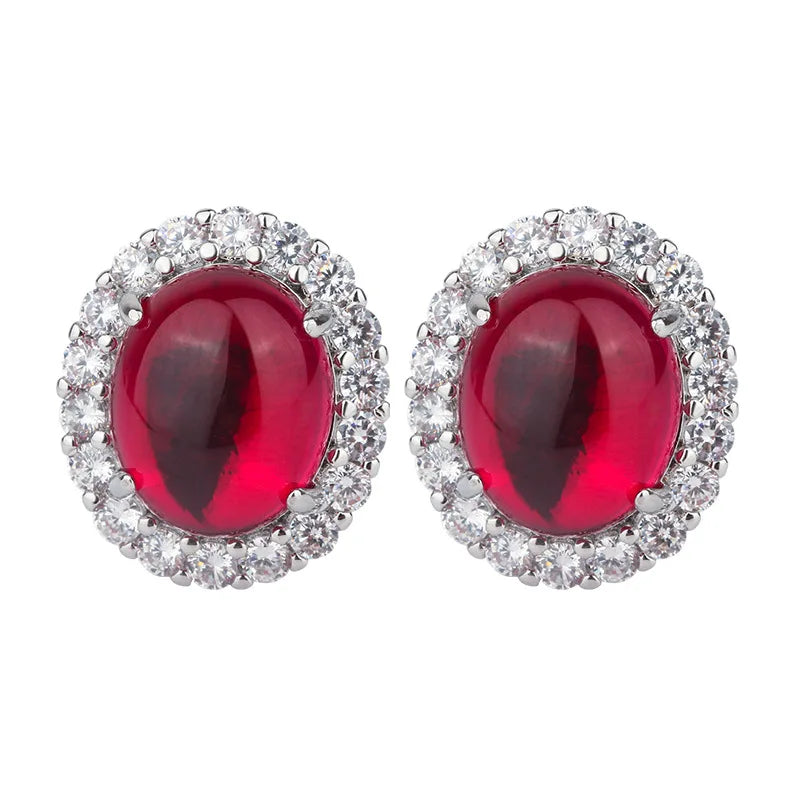 Gemfiori Luxury Pigeon Blood Ruby Jewelry Set Cabochon Cut Red Gem Halo Pendant Necklaces Earring Rings Timeless Classic Elegant Wedding