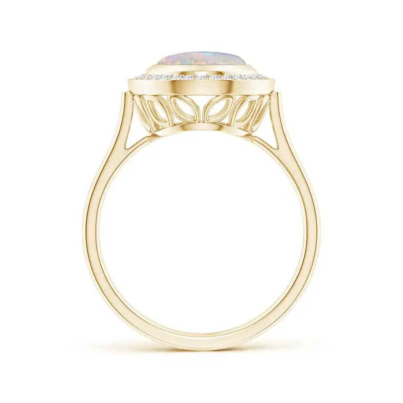 14K Solid Gold 14K Solid Gold Bezel-Set Oval London Opal  Ring with Diamond Halo Handmade Customized Fine Jewelry Wedding